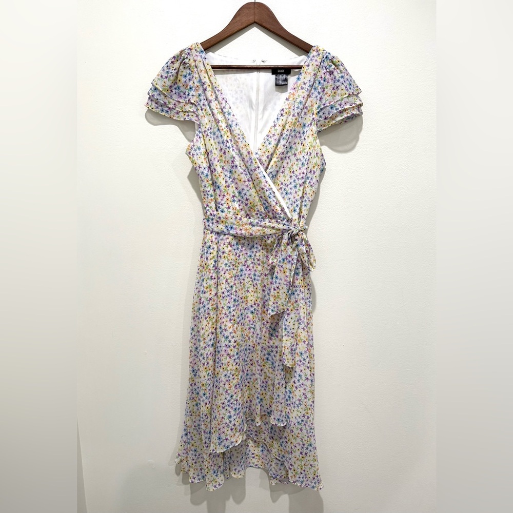 Dkny Multicolor Midi Floral Print Flutter V-Neck Belted Wrap Dress Size 14